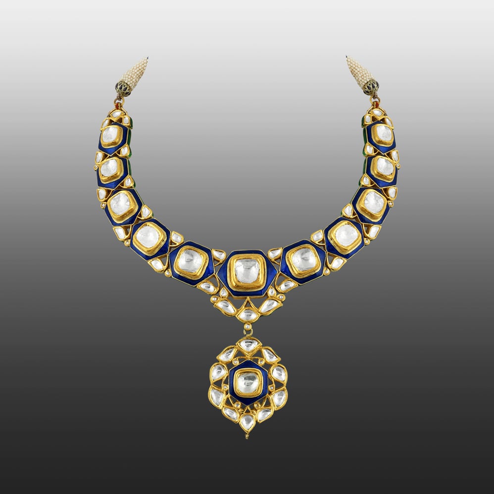 Polki Necklace with Blue Enamel and Central Polki Pendant